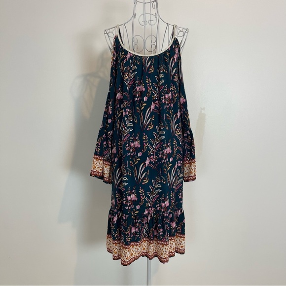Boho green Floral print Cold Shoulder Dress bell sleeve tassel SZ XS/S/M viscose - Picture 2 of 8